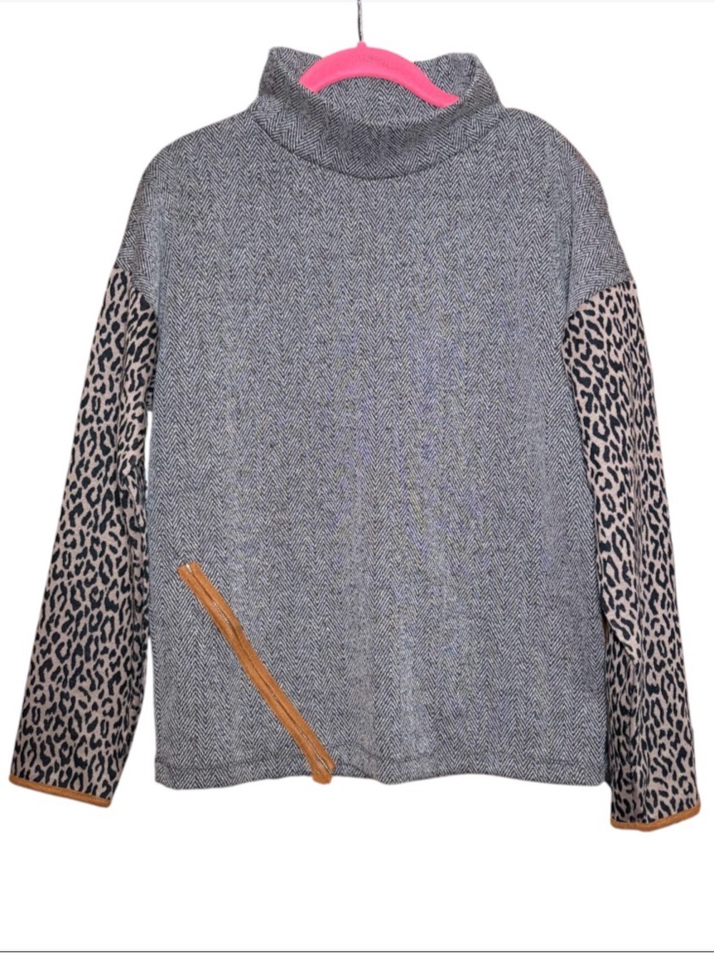 THML Leopard Sleeve Herringbone Pullover Gray Zip Front Top Small NWT